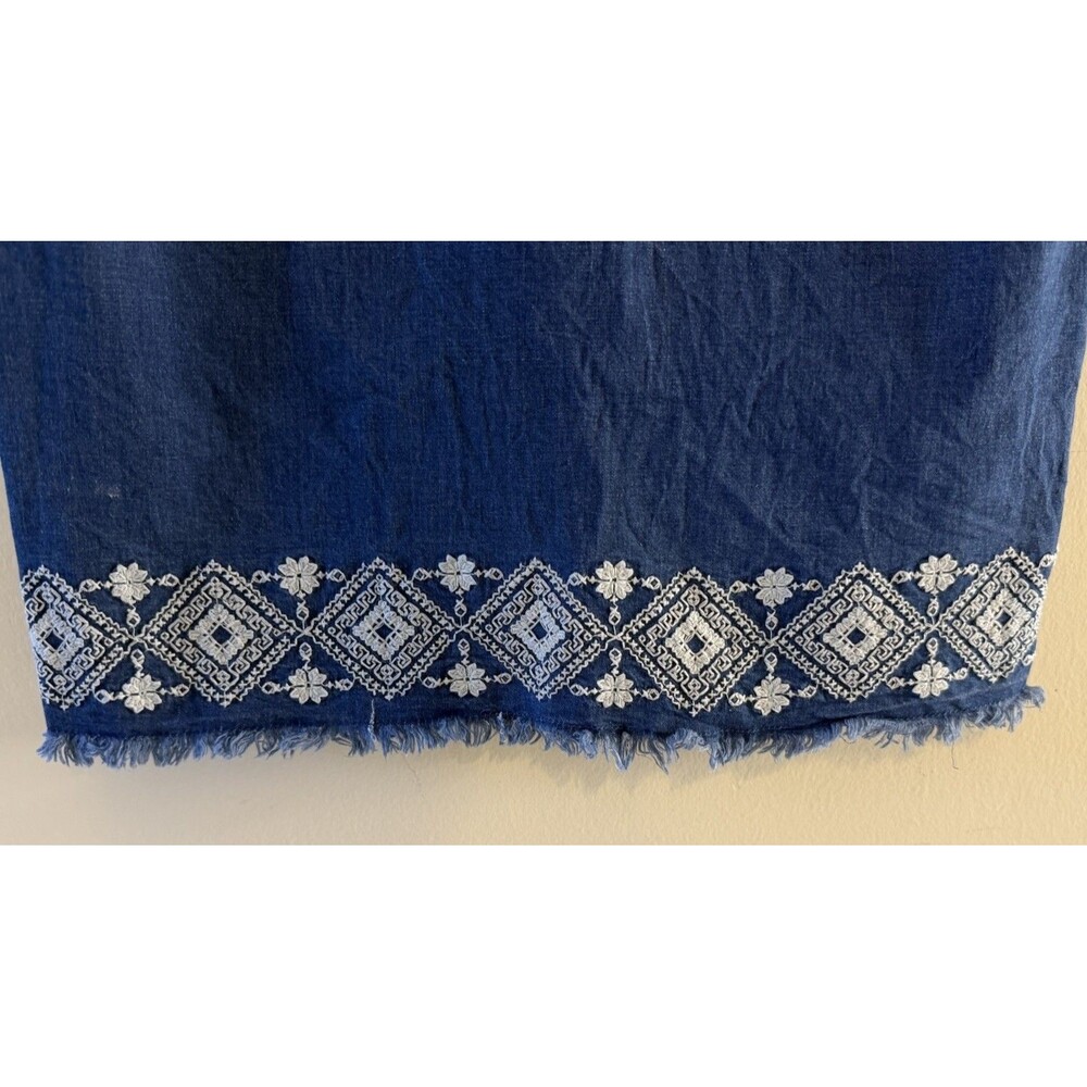 Westport Denim Dress XS Embroidered Hem Lace Up Sleeveless Cotton Chambray Boho - Picture 4 of 6